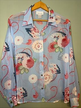 Jordan Size Large Vintage Sheer Japanese Fan Floral Print Button Up Blouse